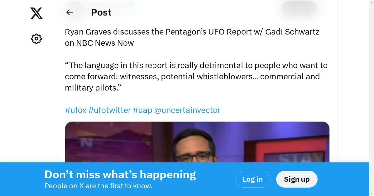 UAP James on X: "Ryan Graves discusses the Pentagon's UFO ... — UAP James · @UAPJames. Ryan Graves discusses the Pentagon's UFO Report w/ Gadi Schwartz on NBC News Now “The language in this report is really detrimental to ...