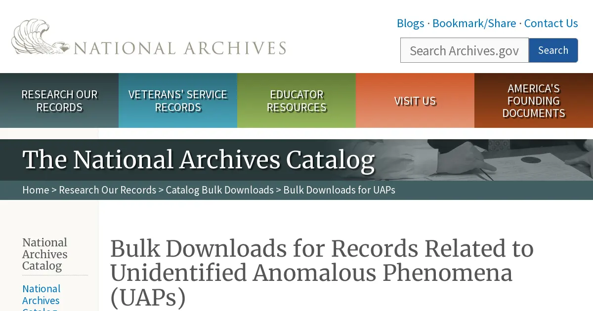 Bulk Downloads for Records Related to Unidentified Anomalous ... — ... (UAPs) at the National Archives web page that ... Sound Recordings Relating to Project Blue Book Unidentified Flying Object (UFO) Investigations, 1953–1967 ...