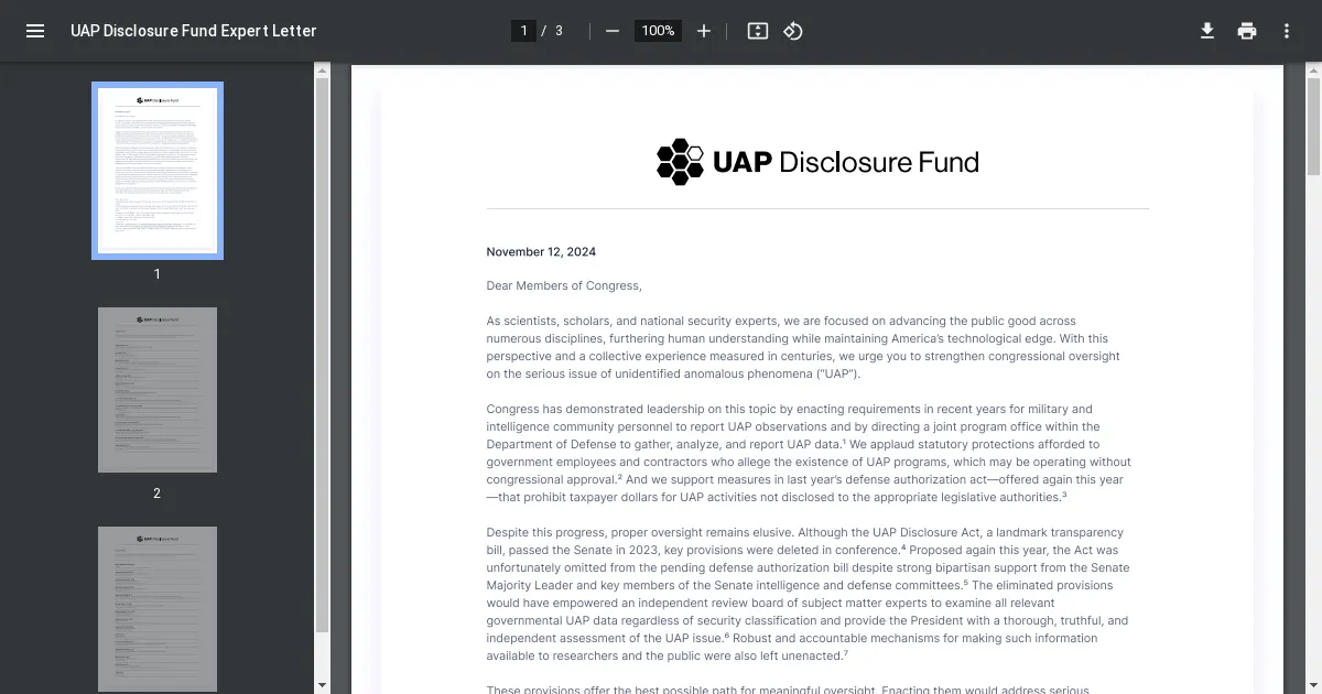 UAP Disclosure Fund Expert Letter — 8 Kayla Guo, Congress Orders U.F.O. Records Released but Drops Bid for Broader Disclosure, N.Y. TIMES (Dec. ... UFOs, THE HILL (Aug. 2, 2023). 9 S. Amdt ...