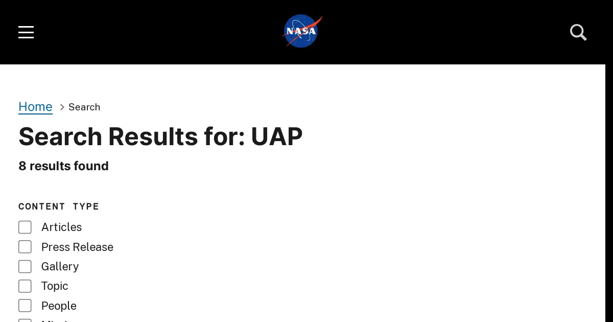 8 Search Results for "UAP" — UAP. https://science.nasa.gov/uap. examine unidentified anomalous phenomena (UAPs) – that is, observations of events in...UAP Contents NASA ...